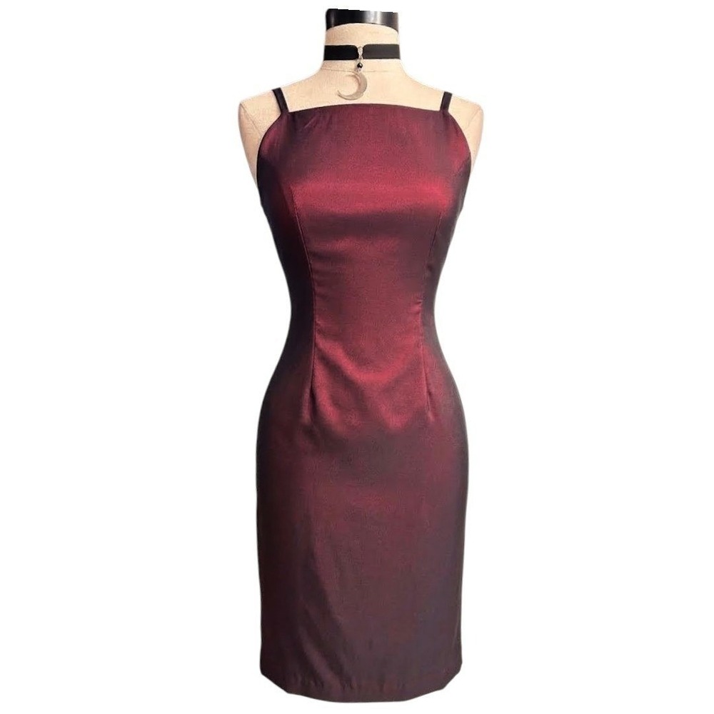 Vintage Whimsigoth 90s Burgundy Iridescent Mini Dress Square Neck Small